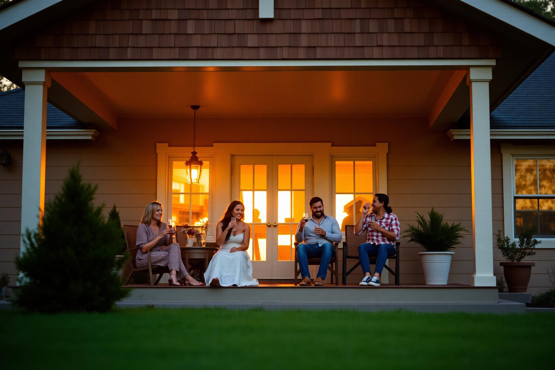 Family gathered around a landscaped patio at dusk